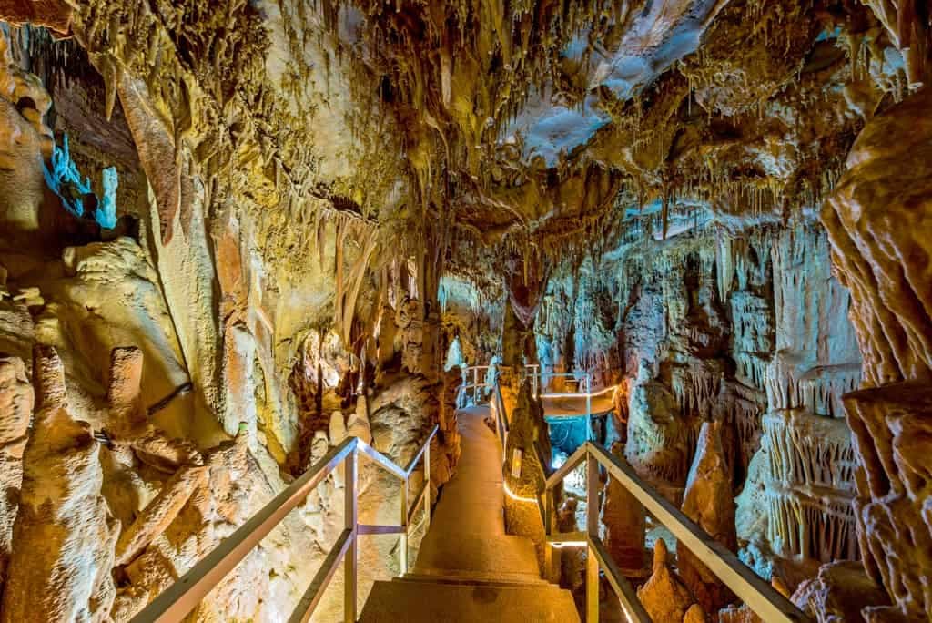 Petralona Cave interior with stalactites and stalagmites